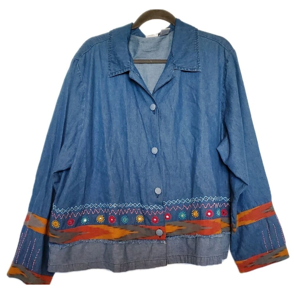 Vintage Denim Embroidered Jacket 2X Boho Southwest Mirror Work Shacket Festival